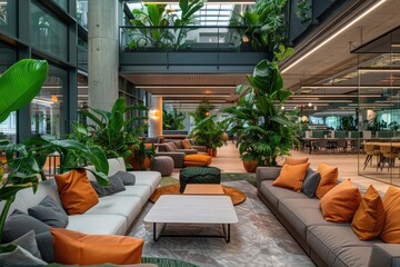 Fototapeta premium A large open space with a lot of greenery and orange pillows. Scene is calm and relaxing