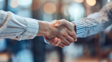 This image captures a handshake between two individuals in a modern office with a blurred background, emphasizing trust and agreement in a professional environment.
