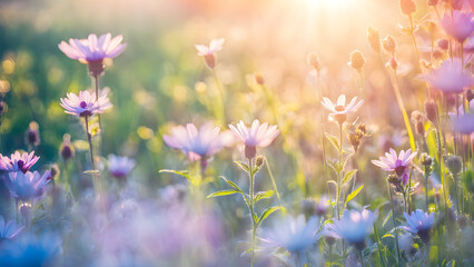 Obraz premium A field of flowers with a bright sun shining on them