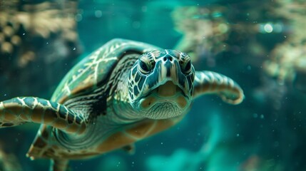 Fototapeta premium This image captures a close-up of a turtle swimming gracefully in an underwater environment, showcasing its natural beauty, detailed patterns, and peaceful existence in the aquatic habitat.