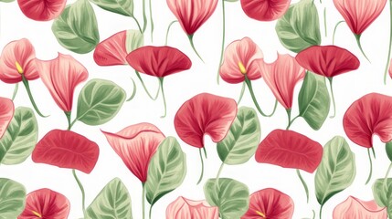 This backdrop with a pattern of beautiful, red-coloured, green-leaved Anthurium flowers creates a warm and inviting atmosphere, adding a touch of beauty that brings the space to life.