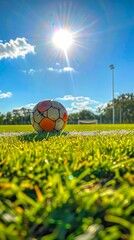 Soccer ball on a sunny field with green grass and clear sky Concept of sports, outdoor activity, sunshine, recreation. Vertical