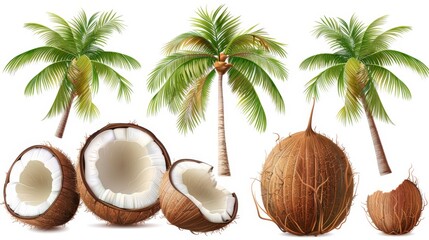 Obraz premium This image displays three coconut palm trees featuring opened and whole coconuts, isolated on a white background to highlight the tree and coconut details.