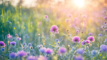Fototapeta premium A field of purple flowers with the sun shining on them