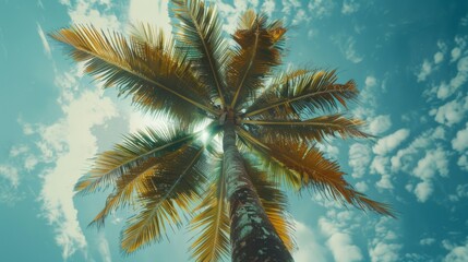 The image captures an upward view of a tall palm tree standing against a bright blue sky filled with scattered clouds and sunlight filtering through the fronds.