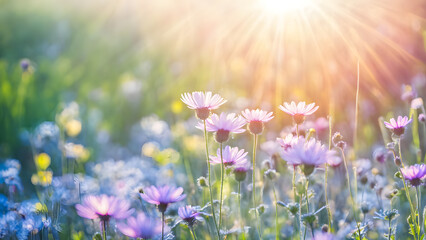 Obraz premium A field of flowers with a bright sun shining on them