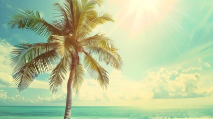 A view of a single tropical palm tree silhouetted against the bright sun, casting its shadow on the sandy shore, with a peaceful blue sea stretching into the sky.