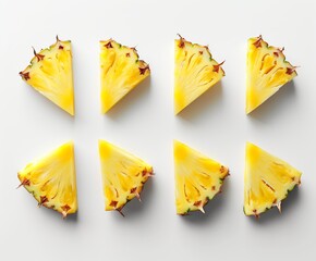 Naklejka premium A visually appealing image featuring eight fresh pineapple slices arranged in a neat grid pattern on a white background.