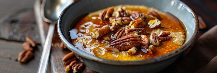 A comforting bowl of buckwheat pudding adorned with gooey caramel and buttery pecans.