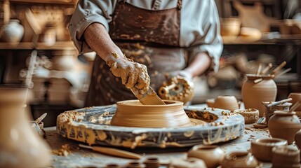 A potter is working on a clay pot, using a brush to apply glaze. The scene is messy and chaotic, with clay and glaze scattered around the workspace. The potter appears to be focused on his work