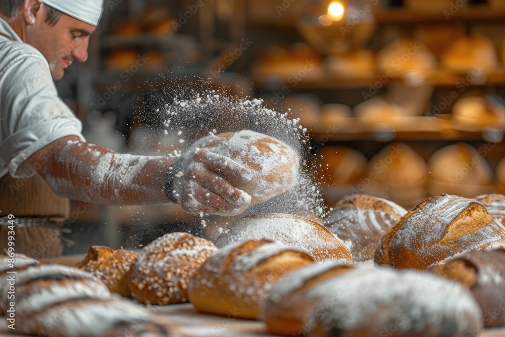 Poster a baker is sprinkling flour on a loaf of bread. the scene is set in a bakery with many loaves of bre