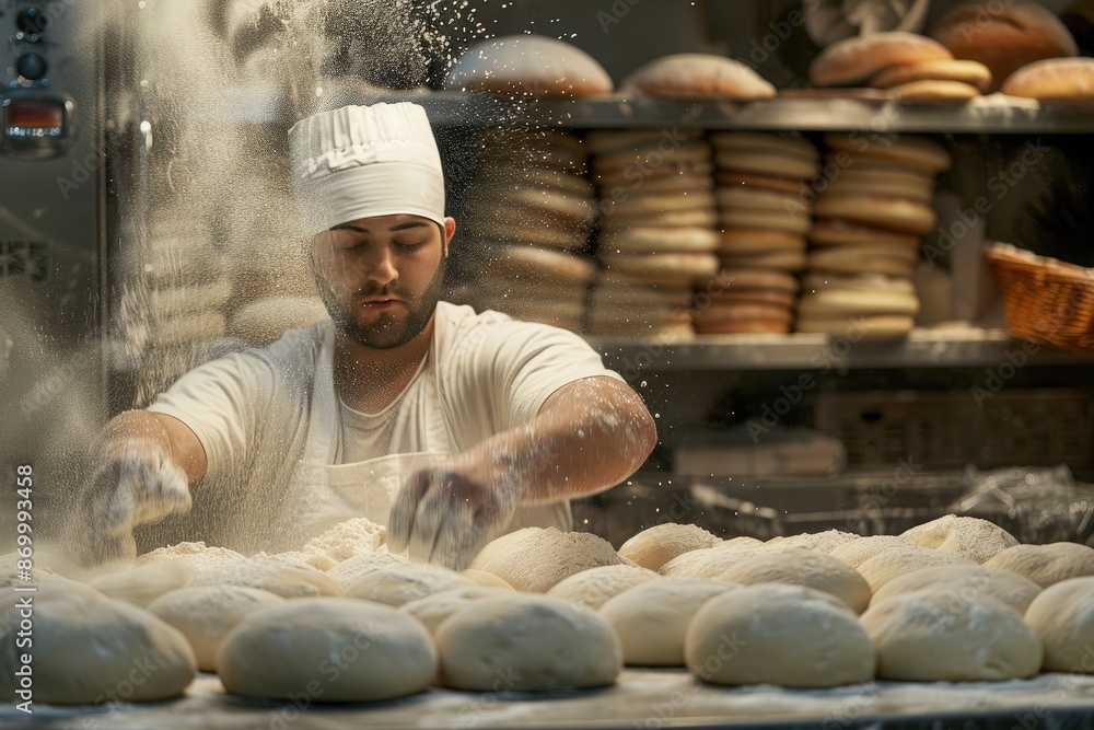 Poster a man is making bread in a bakery. the bread is in various stages of baking, and the man is covered 