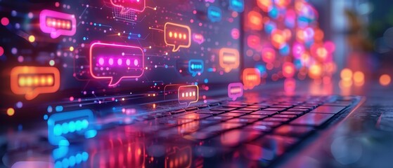 A colorful digital representation of a laptop keyboard with vibrant social media chat icons and glowing communication symbols.