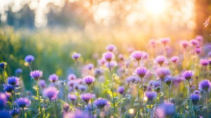 Obraz premium A field of purple flowers with the sun shining on them