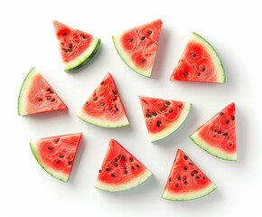 Multiple triangular slices of fresh watermelon arranged on a white background.