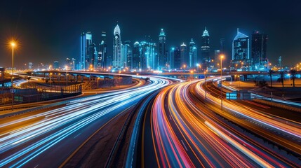 Fototapeta premium A city at night with a lot of traffic and lights. The city is lit up and the lights are reflecting off the cars