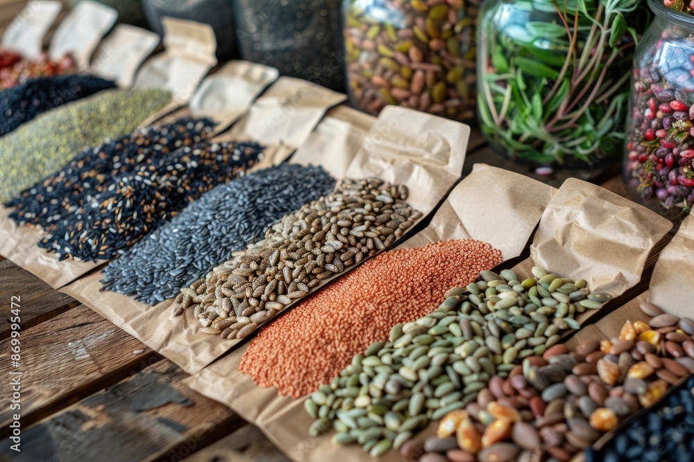 Poster a variety of different colored beans and seeds are displayed on a wooden table. the beans and seeds 