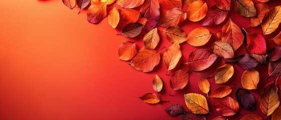 A vibrant display of colorful autumn leaves on a red background, showcasing the beauty of fall foliage and the change of seasons.