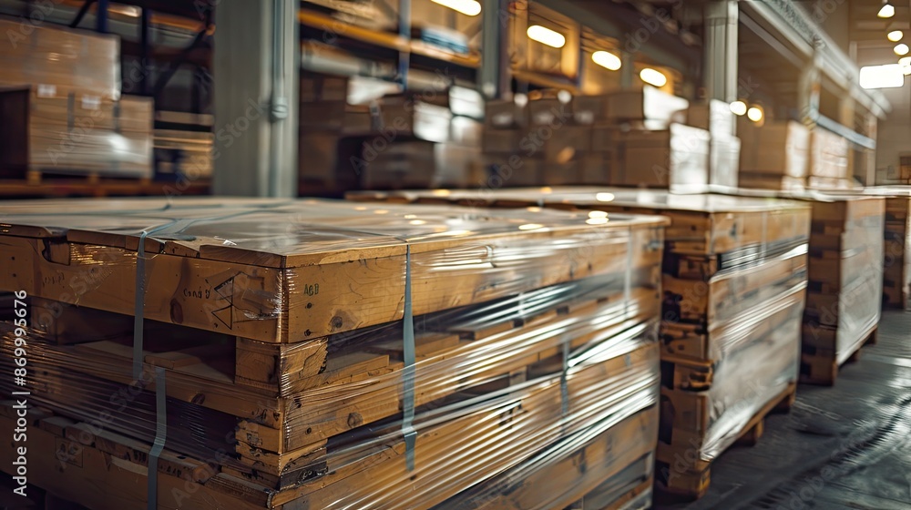 Poster a warehouse full of cardboard boxes with plastic wrap on them. the boxes are stacked on top of each 