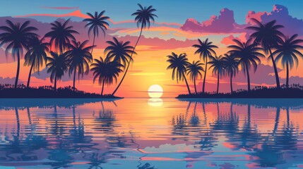 An enchanting tropical sunset scene with palm trees silhouetted against a colorful sky, reflecting beautifully on the water, creating a tranquil and idyllic atmosphere.