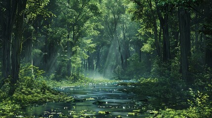 Obraz premium Create a background image featuring a lush forest with dense trees, omitting the morning dew, and leaving an open space in the center for a focal product