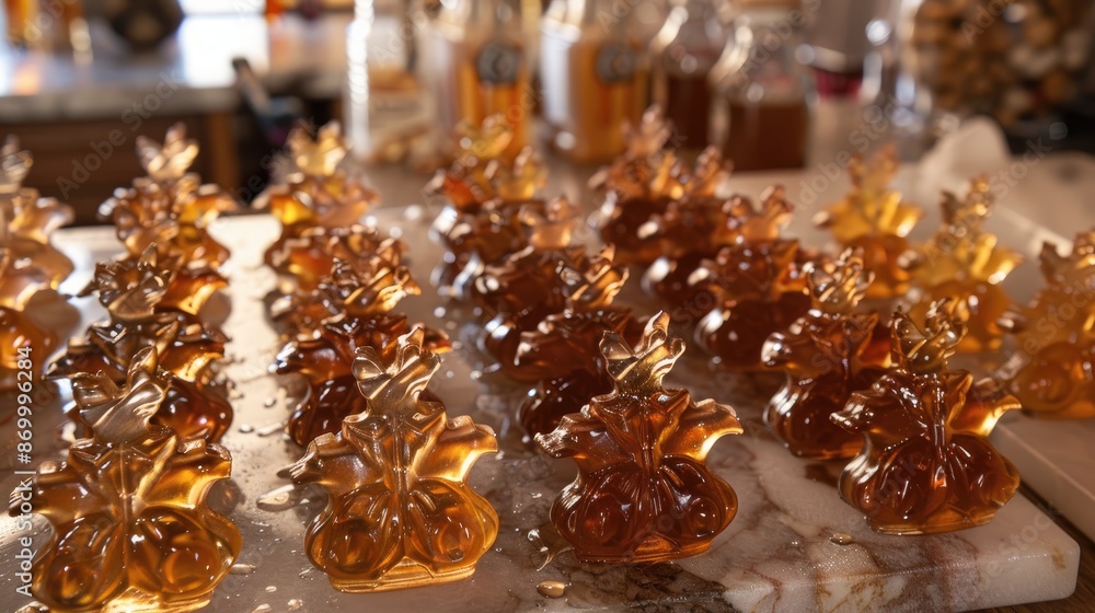 Poster a table full of golden maple leaf shaped candies. the candies are arranged in rows and are of differ