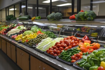 Obraz premium A large display of fresh vegetables and fruits in a grocery store. The produce is arranged in several trays and bins, with a variety of colors and types of vegetables, including broccoli, peppers