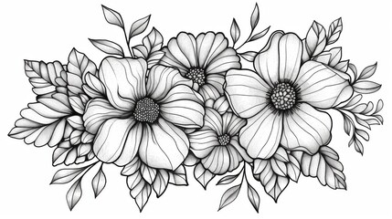 This black and white floral drawing displays an array of various flowers in bloom, capturing the intricate details and delicate beauty of each petal and leaf in the composition.