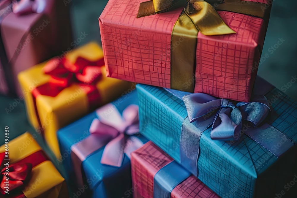 Poster a stack of colorful boxes with ribbons on top. the boxes are of different colors and sizes, and they