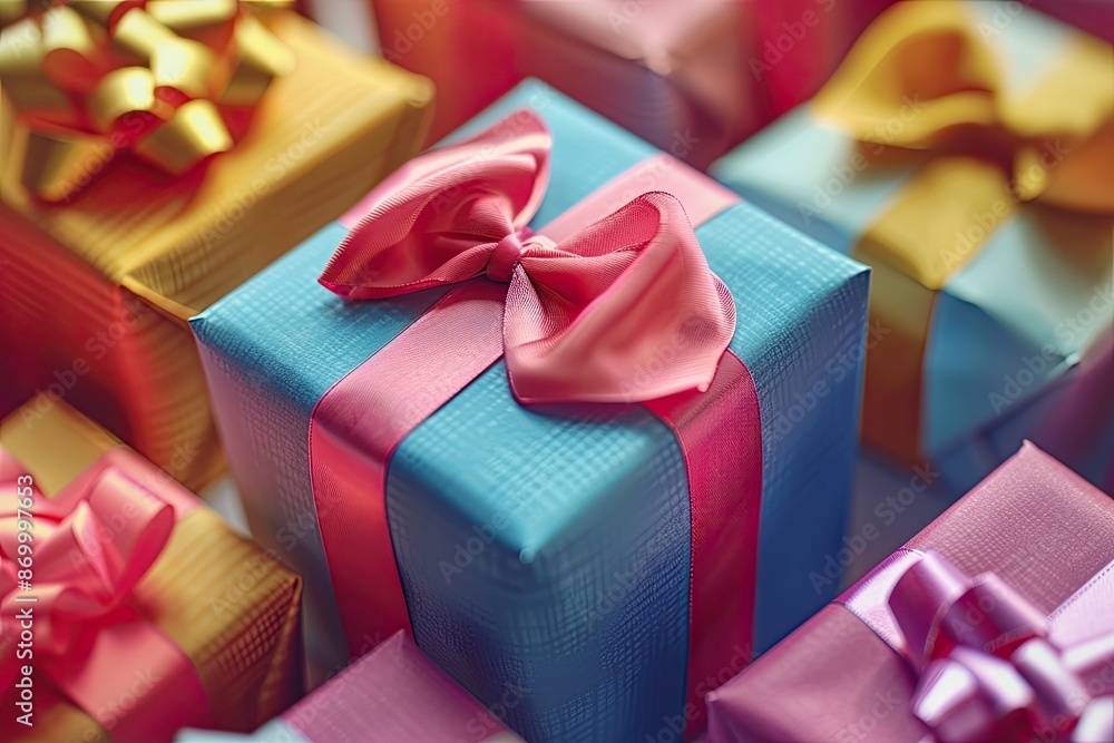 Poster a row of colorful boxes with bows on them. the boxes are of different colors and sizes. scene is che