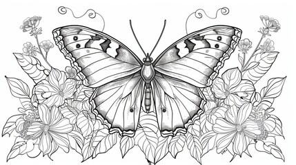 An intricate black and white illustration featuring a majestic butterfly with detailed wings, surrounded by an array of flowers and foliage, embodying nature's beauty.