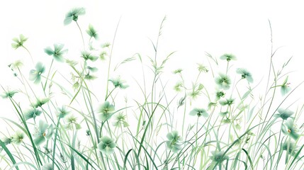 Illustration of green flowers and grass in realistic art style, simple vector graphics on white background, high details, high resolution, high contrast, delicate 3D texture, 