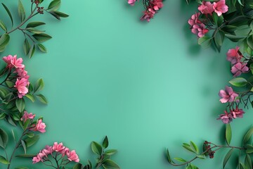Lovely spring flowers and leaves on side of the green background with copy space, hdr, realistic, no images noise, 8k 