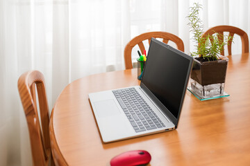 Laptop over a diner table at home with red mouse and interior plant with white courtains background