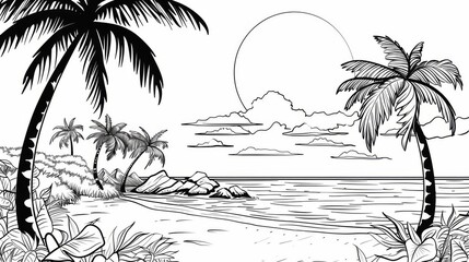 A tranquil beach scene with large rocks and tall palm trees against the background of a setting sun, creating a silhouette effect and highlighting the peacefulness of the shore.