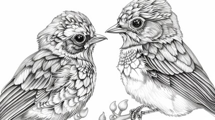 Fototapeta premium A close-up view of two birds drawn in black and white, exhibiting highly detailed and textured feathers, perched closely together on a branch in a natural setting.