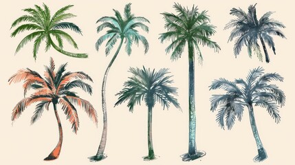 This artwork depicts various palm trees in different shapes and colors, capturing the unique beauty and diversity of tropical trees in a stylized and colorful manner.