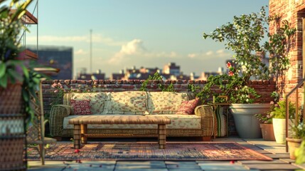 rooftop with a couch and a table, lateral view, side view, afternoon 