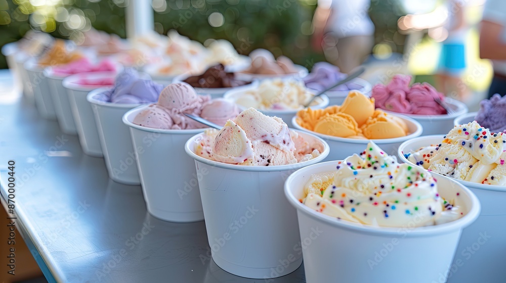 Poster a table full of ice cream cups with different flavors and toppings. the table is set up for a party 