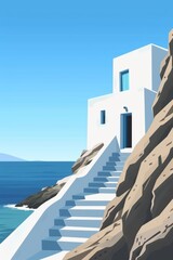 Obraz premium Greek white architecture with a blue window on the top floor of a one level building with stairs leading to entrance door, the stairs leading to the shore of the ocean meeting the sand and the house i