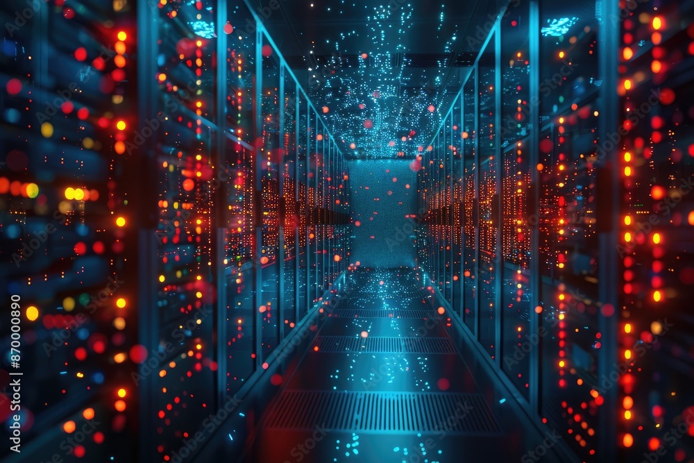 Poster a computer server room with many lights and a blue background. the lights are bright and colorful, c
