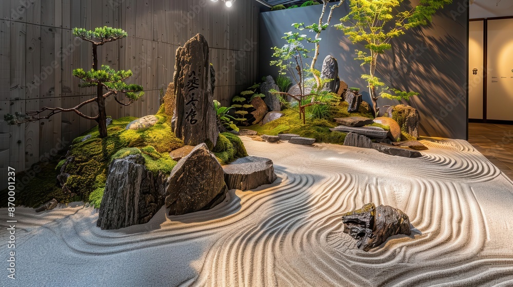 Wall mural tranquil zen oasis meticulously raked sand patterns swirl around carefully placed rocks bordered by lush moss and bonsai trees soft diffused light creates a serene atmosphere for contemplation