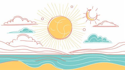 A minimalist and serene illustration of the sun and moon over the ocean with pastel colors, including clouds and waves, creating a calm, peaceful vibe suitable for tranquil themes.