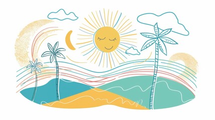 This image depicts a cheerful sun with a smiling face surrounded by palm trees, clouds, and a colorful abstract background, illustrating a bright, happy day at a tropical beach.