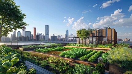 Fototapeta premium A city with a large green garden on top of a building. The garden is full of plants and trees, and it looks like a peaceful oasis in the middle of the city