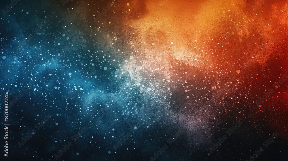 Poster a colorful space background with blue and orange swirls. the background is filled with stars and oth