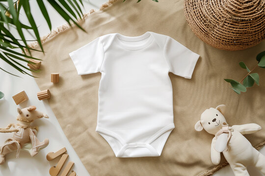 mock-up baby bodysuit white on a light background, top view. High quality photo