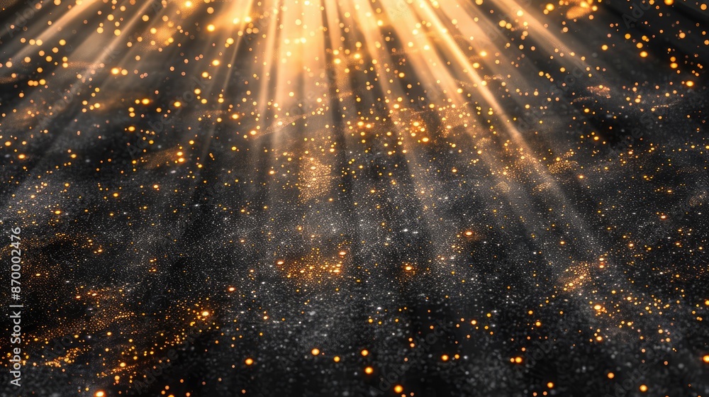 Poster a black background with a lot of gold sparkles. the sparkles are scattered all over the background, 