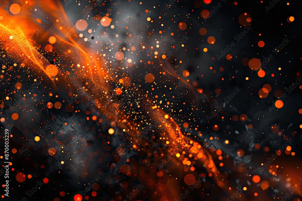 Poster a black and orange background with many small orange dots. the dots are scattered all over the backg