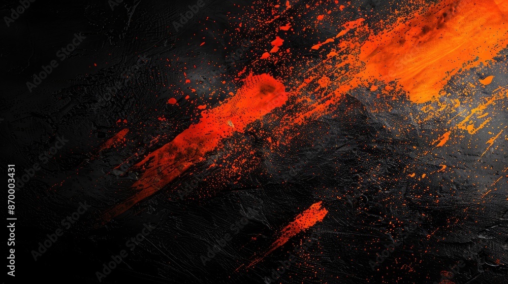 Poster a black and orange background with red splatters. the splatters are in the shape of a mountain range
